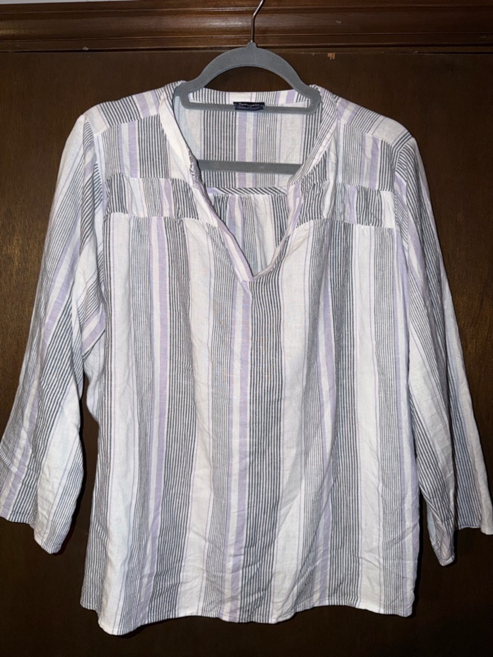 Splendid White Top with Lavender and Gray Stripes